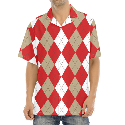 Beige Red And White Argyle Pattern Print Aloha Shirt