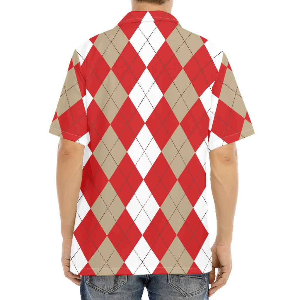 Beige Red And White Argyle Pattern Print Aloha Shirt