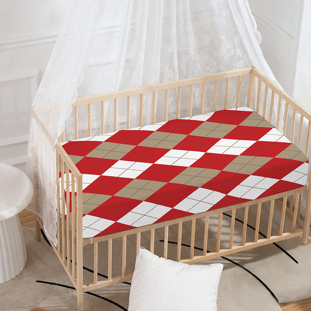 Beige Red And White Argyle Pattern Print Baby Crib Sheet