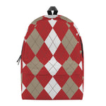 Beige Red And White Argyle Pattern Print Backpack