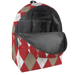 Beige Red And White Argyle Pattern Print Backpack