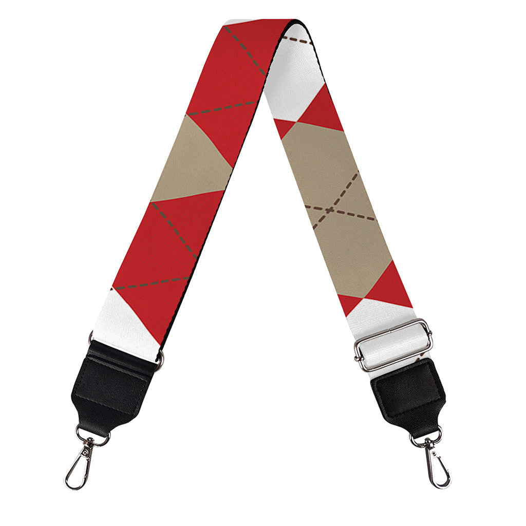 Beige Red And White Argyle Pattern Print Bag Strap