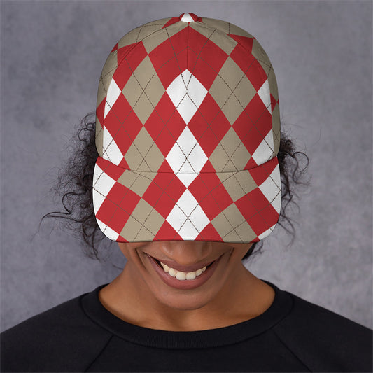 Beige Red And White Argyle Pattern Print Baseball Cap