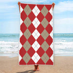 Beige Red And White Argyle Pattern Print Beach Towel