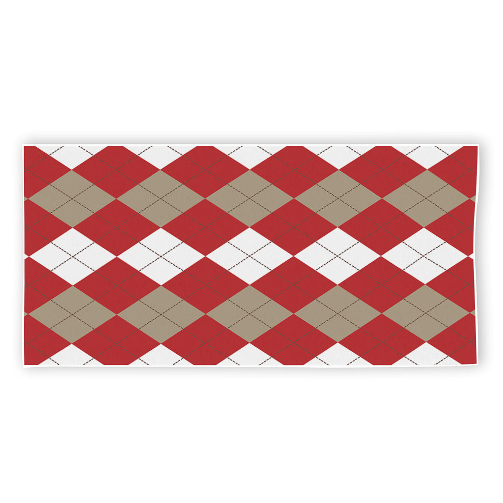Beige Red And White Argyle Pattern Print Beach Towel
