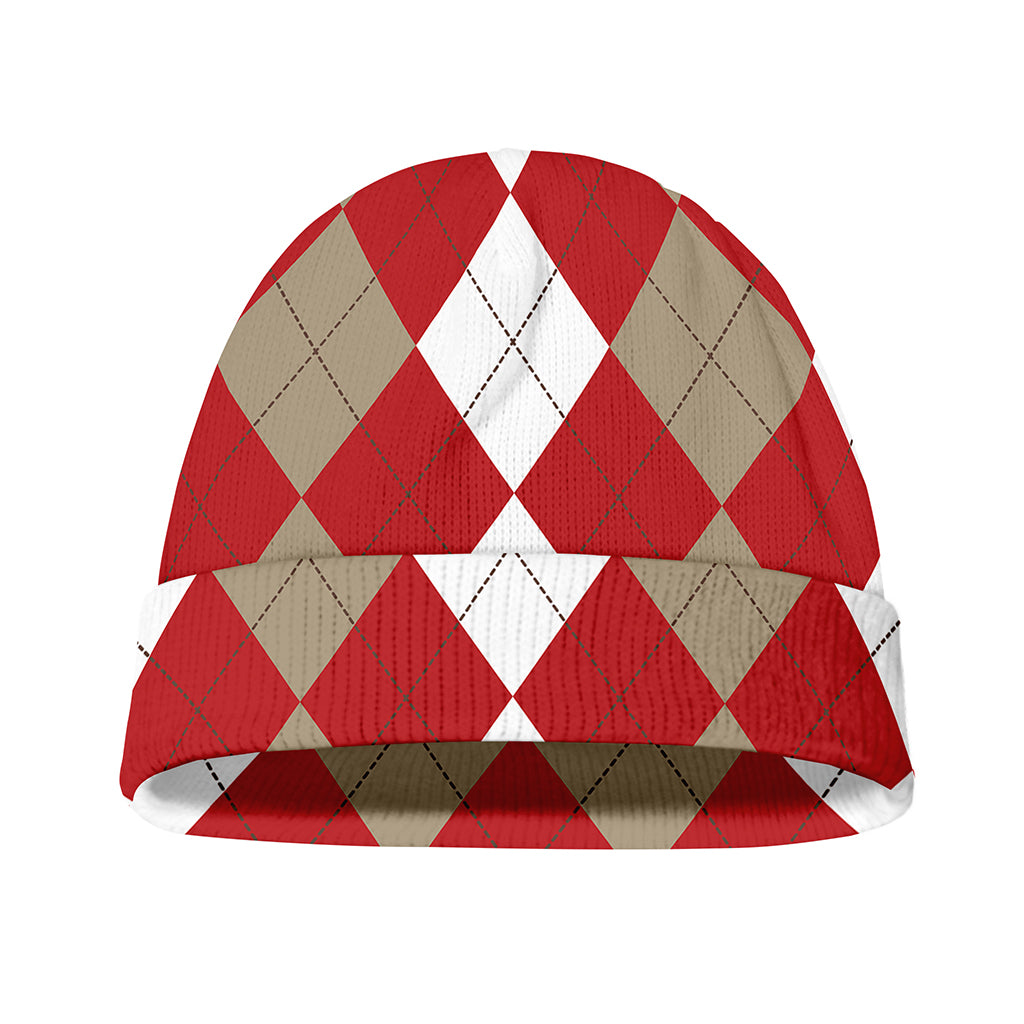 Beige Red And White Argyle Pattern Print Beanie