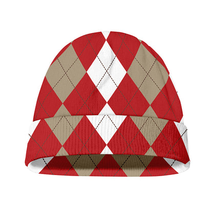 Beige Red And White Argyle Pattern Print Beanie