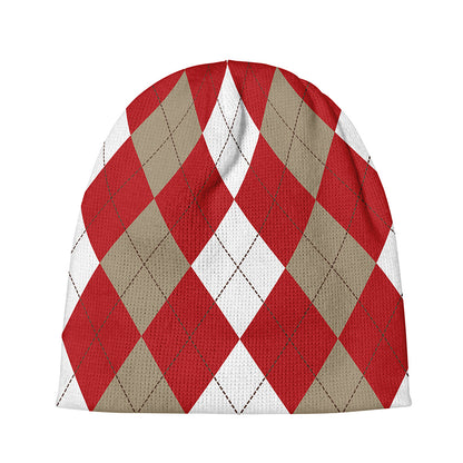 Beige Red And White Argyle Pattern Print Beanie