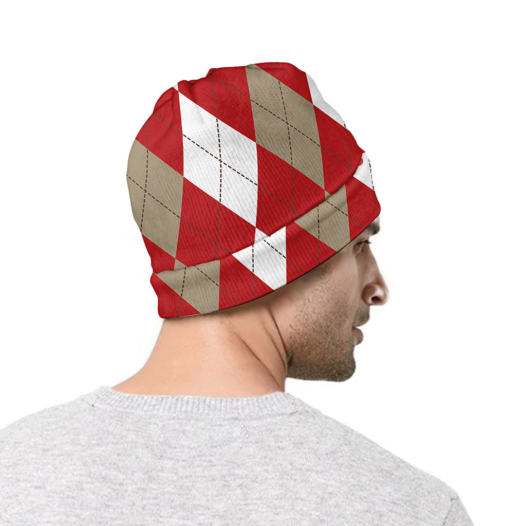 Beige Red And White Argyle Pattern Print Beanie