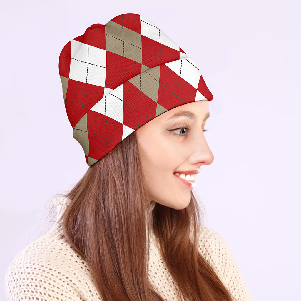 Beige Red And White Argyle Pattern Print Beanie