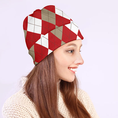 Beige Red And White Argyle Pattern Print Beanie