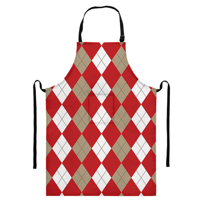 Beige Red And White Argyle Pattern Print Bib Apron With Pocket