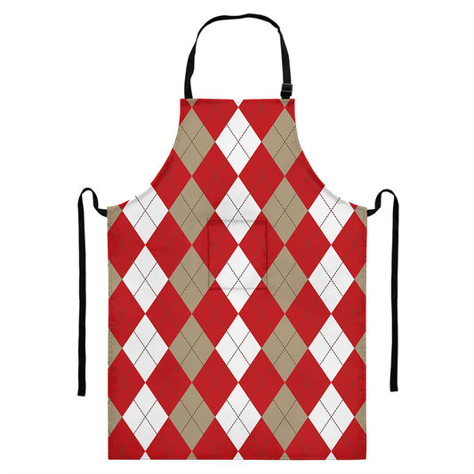 Beige Red And White Argyle Pattern Print Bib Apron With Pocket