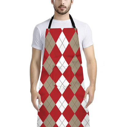 Beige Red And White Argyle Pattern Print Bib Apron With Pocket