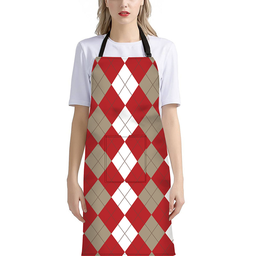 Beige Red And White Argyle Pattern Print Bib Apron With Pocket