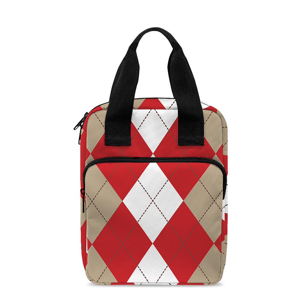 Beige Red And White Argyle Pattern Print Bible Tote Bag