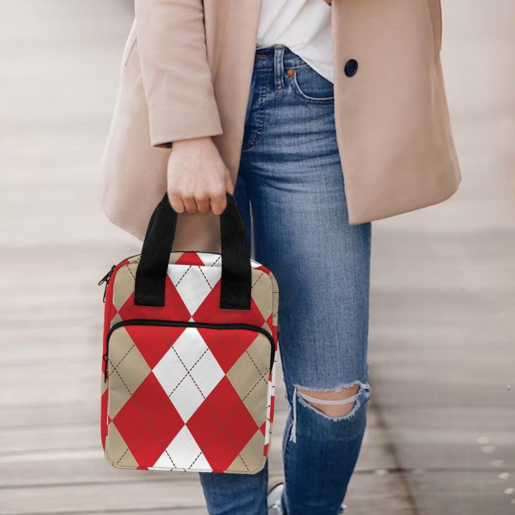 Beige Red And White Argyle Pattern Print Bible Tote Bag