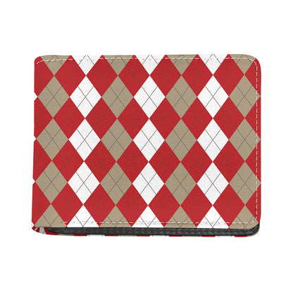 Beige Red And White Argyle Pattern Print Bifold Wallet