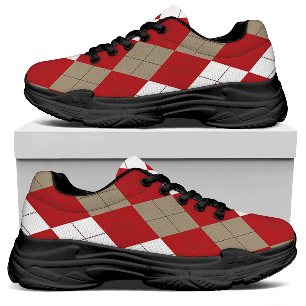 Beige Red And White Argyle Pattern Print Black Chunky Shoes