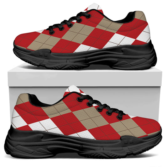 Beige Red And White Argyle Pattern Print Black Chunky Shoes