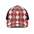 Beige Red And White Argyle Pattern Print Black Mesh Trucker Hat