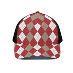 Beige Red And White Argyle Pattern Print Black Mesh Trucker Cap