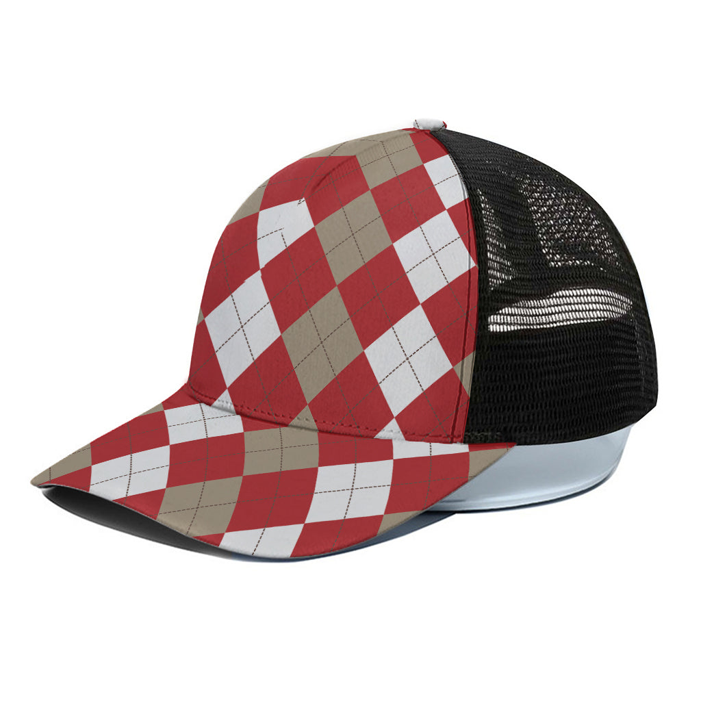 Beige Red And White Argyle Pattern Print Black Mesh Trucker Cap
