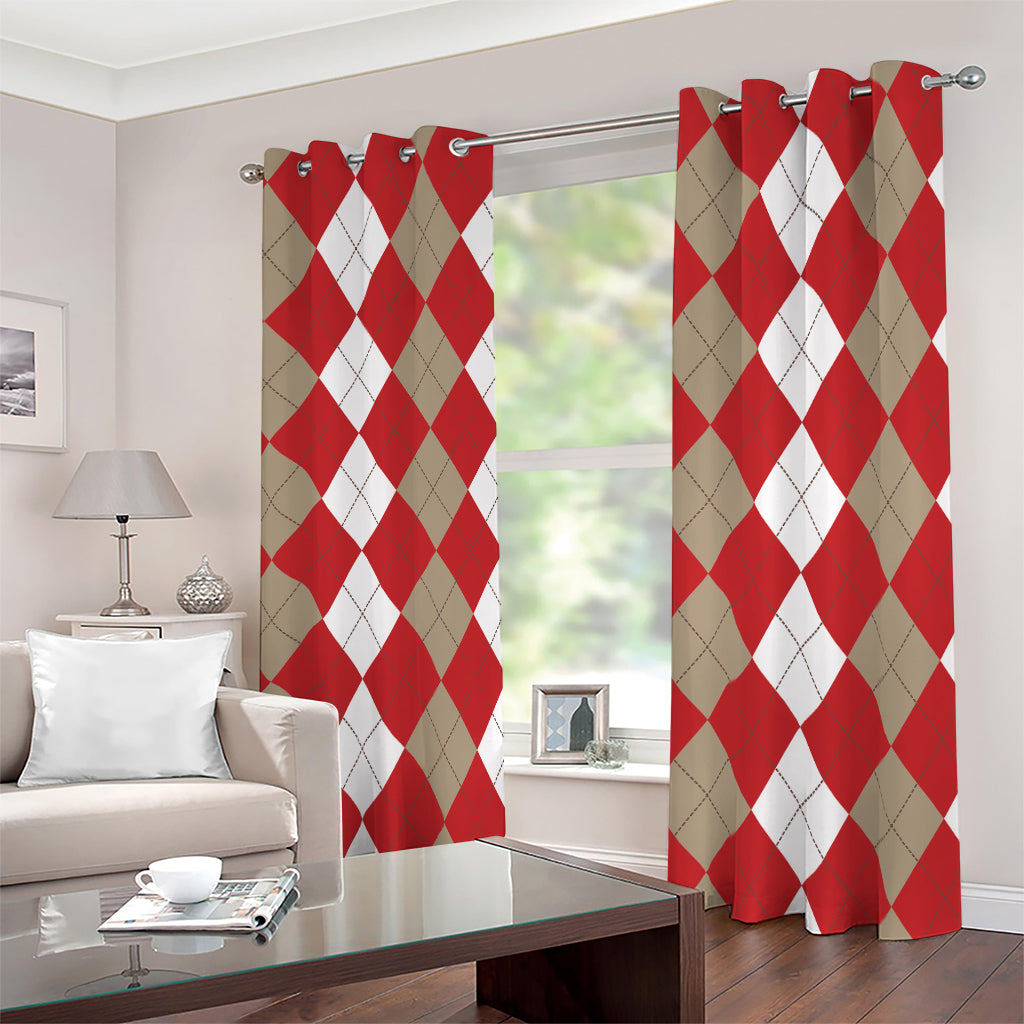 Beige Red And White Argyle Pattern Print Blackout Grommet Curtains