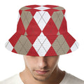 Beige Red And White Argyle Pattern Print Bucket Hat
