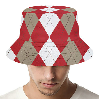 Beige Red And White Argyle Pattern Print Bucket Hat