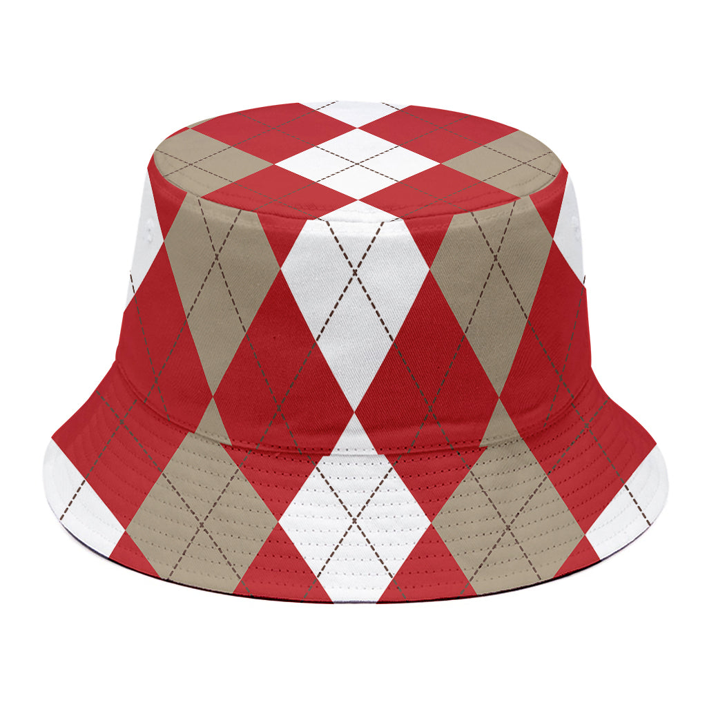 Beige Red And White Argyle Pattern Print Bucket Hat