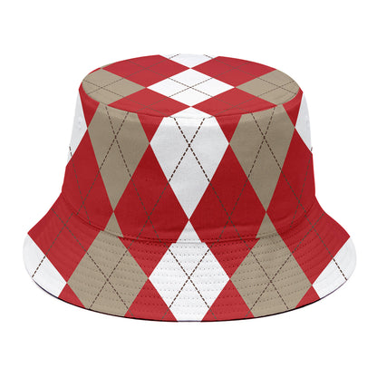 Beige Red And White Argyle Pattern Print Bucket Hat