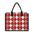Beige Red And White Argyle Pattern Print Canvas Tote Bag