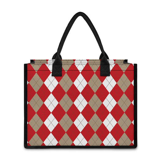 Beige Red And White Argyle Pattern Print Canvas Tote Bag