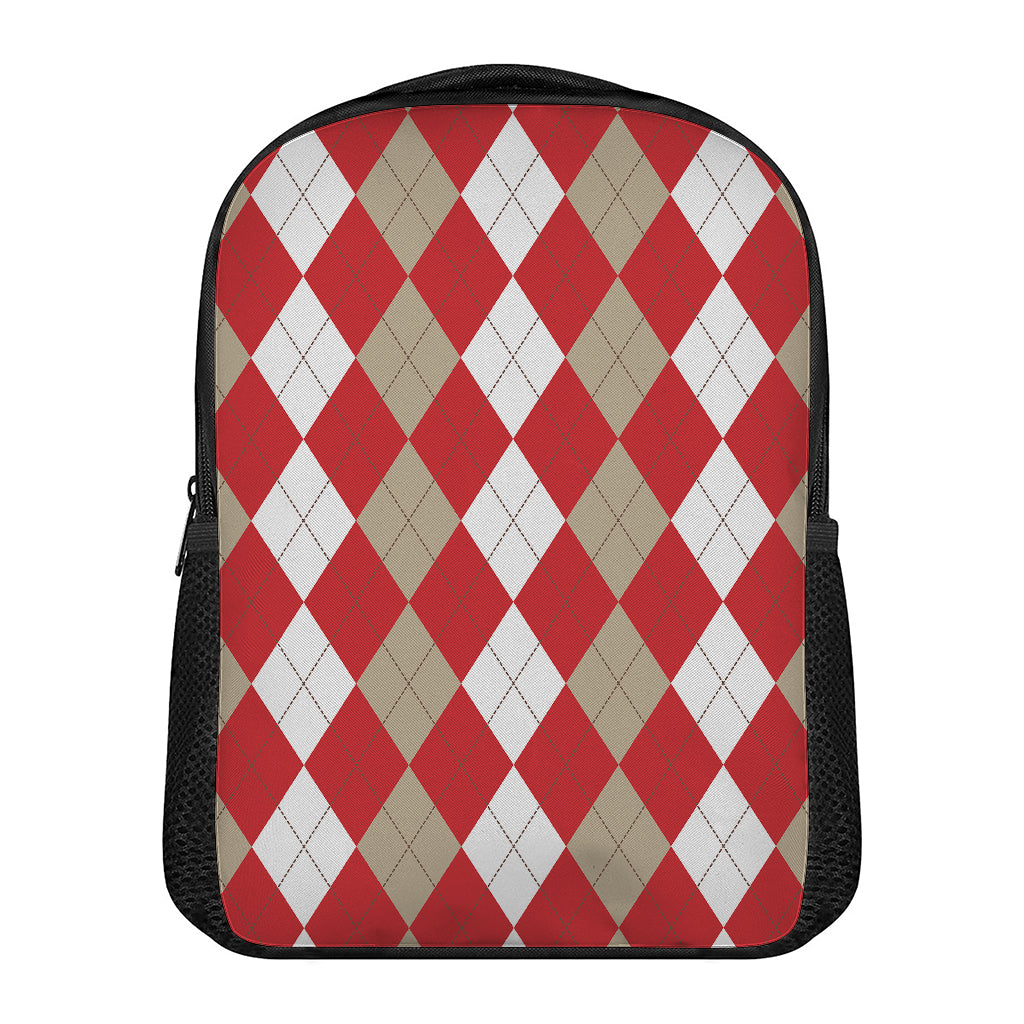 Beige Red And White Argyle Pattern Print Casual Backpack