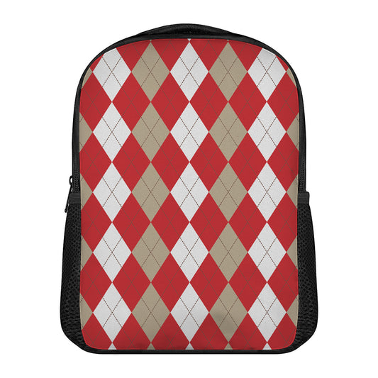 Beige Red And White Argyle Pattern Print Casual Backpack