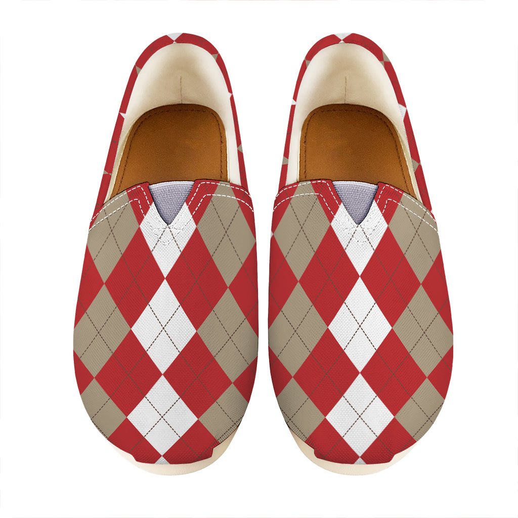 Beige Red And White Argyle Pattern Print Casual Shoes