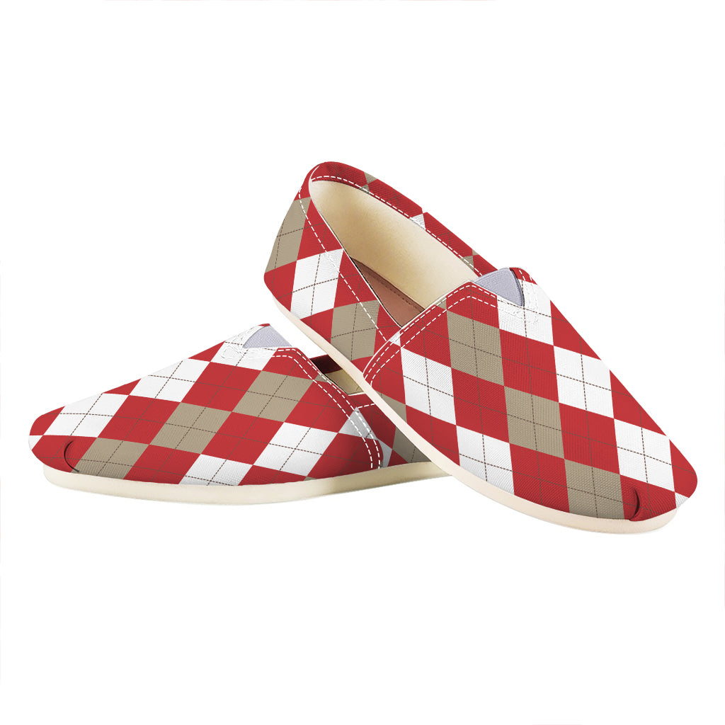 Beige Red And White Argyle Pattern Print Casual Shoes