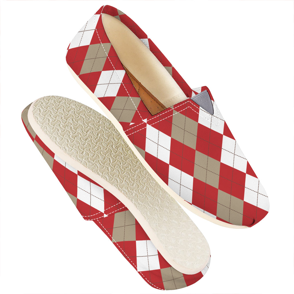 Beige Red And White Argyle Pattern Print Casual Shoes