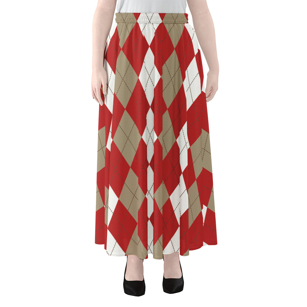 Beige Red And White Argyle Pattern Print Chiffon Maxi Skirt