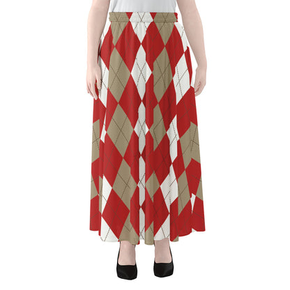 Beige Red And White Argyle Pattern Print Chiffon Maxi Skirt