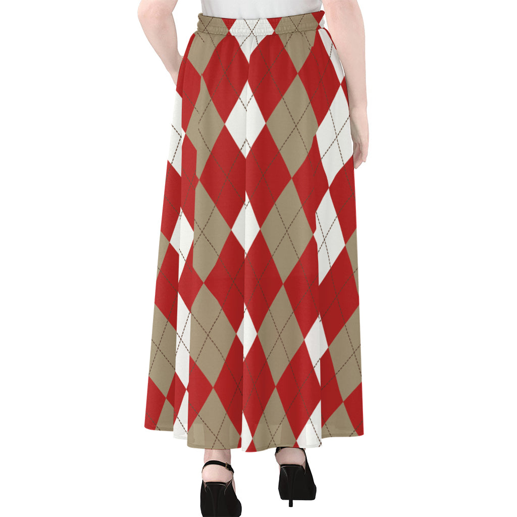 Beige Red And White Argyle Pattern Print Chiffon Maxi Skirt