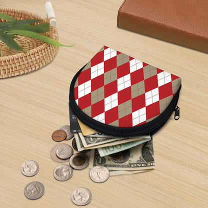 Beige Red And White Argyle Pattern Print Coin Purse