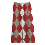 Beige Red And White Argyle Pattern Print Cotton Front Slit Maxi Skirt