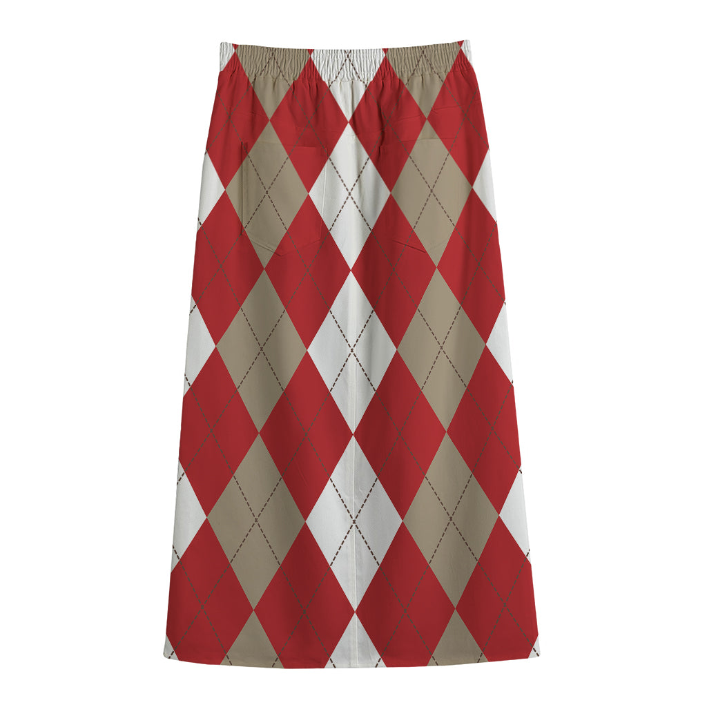 Beige Red And White Argyle Pattern Print Cotton Front Slit Maxi Skirt