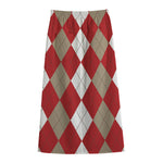 Beige Red And White Argyle Pattern Print Cotton Front Slit Maxi Skirt