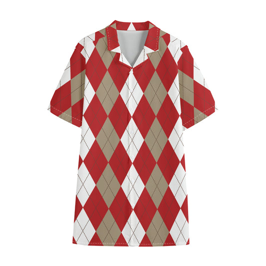 Beige Red And White Argyle Pattern Print Cotton Hawaiian Shirt
