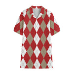 Beige Red And White Argyle Pattern Print Cotton Hawaiian Shirt