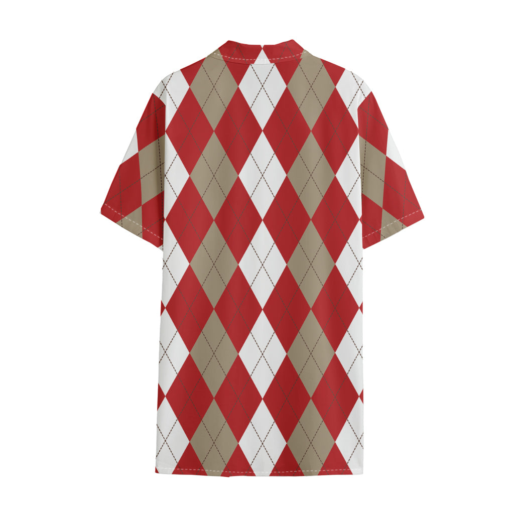 Beige Red And White Argyle Pattern Print Cotton Hawaiian Shirt