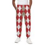 Beige Red And White Argyle Pattern Print Cotton Pants